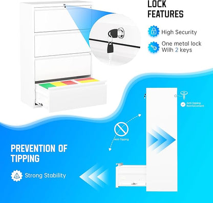 Greenvelly 4 Drawer File Cabinet, Lateral Filing Cabinet for Home Office, White Metal File Cabinet with Lock, Lockable Lateral File Cabinet with Hanging Files&Key for Letter/Legal/F4/A4