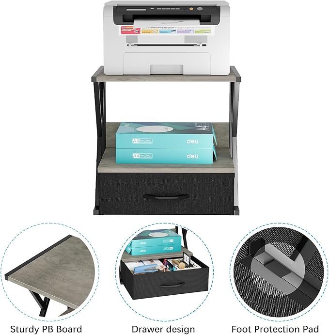 aboxoo Printer Stand for Desk with Storage Drawer, 2 Tier Desktop Or Under Desk Shelf, Multi-Purpose Desks Organizer for Home Office, fit Fax Machine/3D Printer/Scanner, Grey