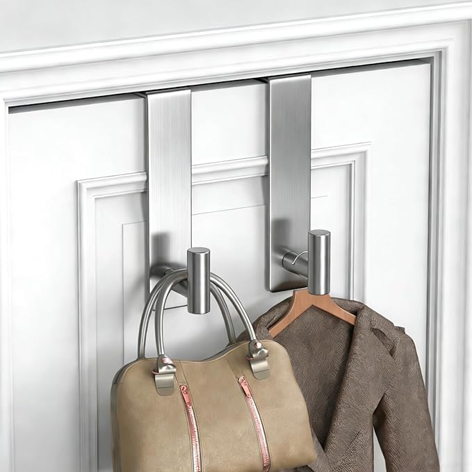PMMASTO 2-Pack Over The Door Hooks - Rustproof Stainless Steel Door Hangers for 1-3/4 Inch Doors, Non-Marking and Tool-Free Easy Install (Silver, T Shape-Fits 1-3/4" Thick Door)