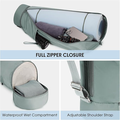 sportsnew Yoga Mat Bag, Full Zip Cargo Yoga Mat Carrier Bag with Drawstring Water Bottle Pocket and Bottom Wet Pocket, Exercise Yoga Mat Carrier Holder Multi-Functional Storage Bag Patent Pending