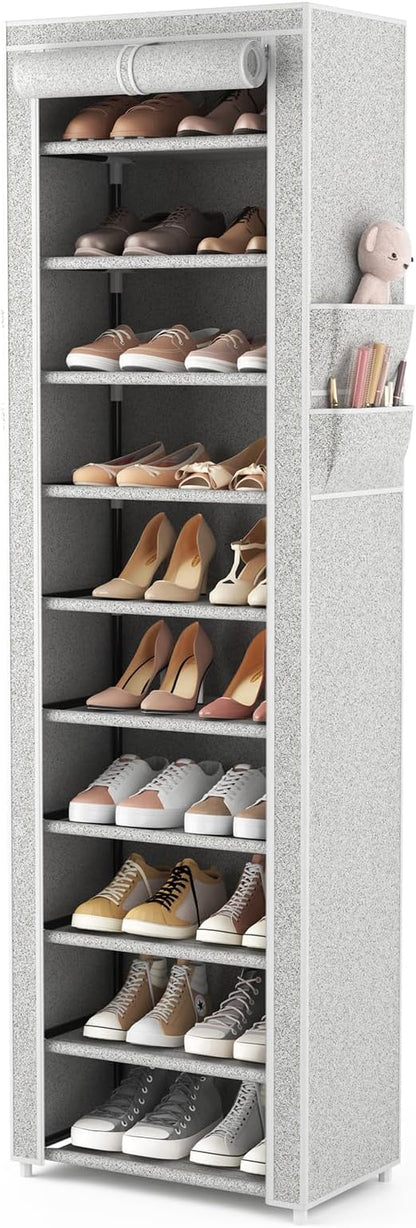 VTRIN Vertical Narrow Shoe Rack Organizer Tall Shoe Rack for Closet Entryway 10 Tier Non-Woven Cover Shoe Shelf Holds 20-22 Pairs Free Standing Shoe Storage Cabinet with Dustproof Cover, Multi Color