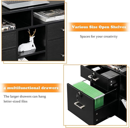 VINGLI Wood Mobile File Cabinet with 4 Drawers and Shelves, Printer Stand with Open Storage, Locking Lateral Filing Cabinet for Home Office, Black