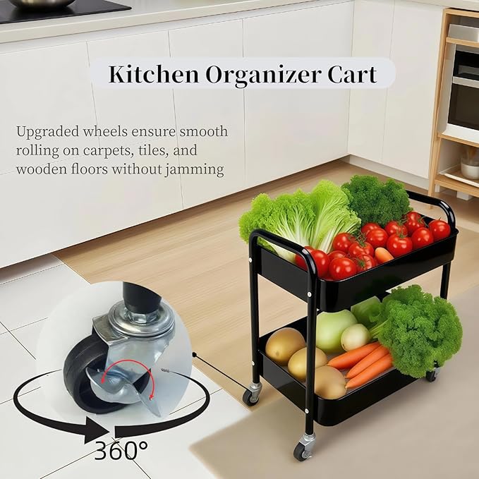 2 Tier Rolling Cart with Wheels for Under Desk Storage & Pantry Room, Large Capacity Laundry Room & Makeup Organizer, Sturdy Kitchen Utility Cart for Small Space with 4 Hooks, Black