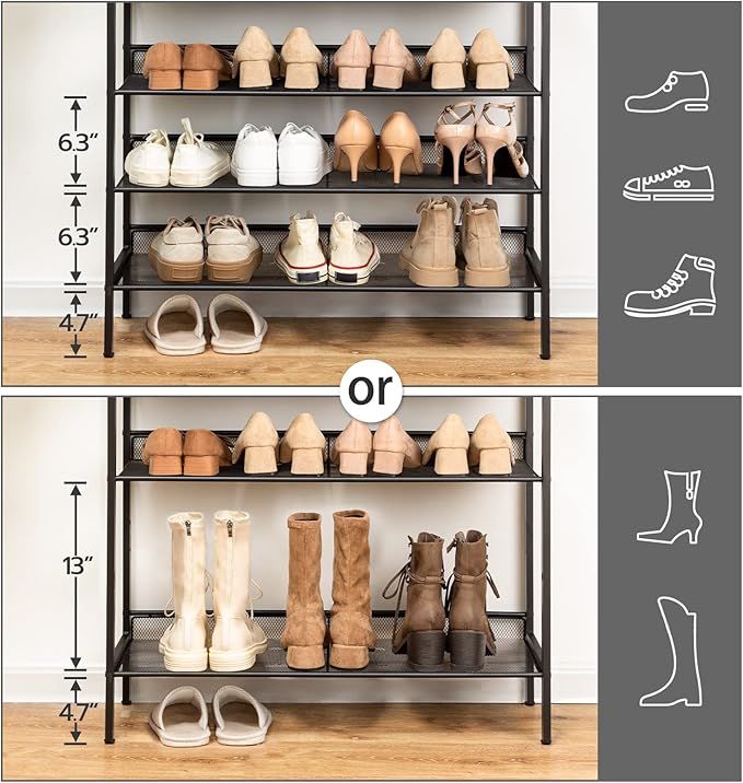 HOOBRO Shoe Rack, 5-Tier Shoe Storage Unit Flat & Slant Adjustable Shoe Organizer Shelf for 16 Pairs, Durable and Stable, for Entryway, Hallway, Closet, Dorm Room, Industrial, Rustic Brown BF01XJ01