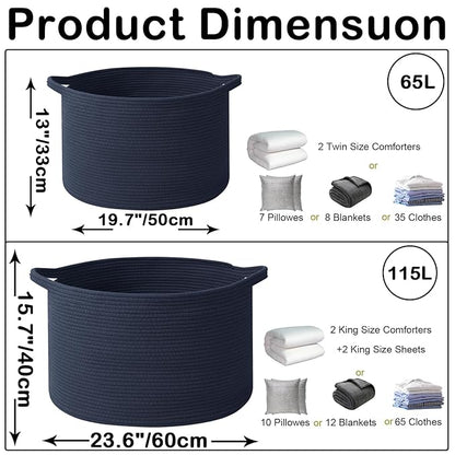 65L Large Blanket Basket,19.7" L x 19.7" W x 13" H Rope Woven Baskets with Handles, Toys Storage Bins,Laundry Basket Perfect for Living Room, Nursery,Bedroom,Home Organization,Dark Blue