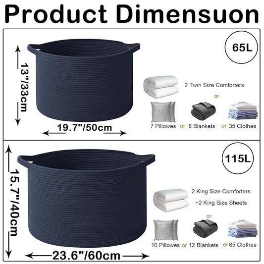 115L Large Blanket Basket,23.6" L x 23.6" W x 15.7" H Rope Woven Baskets with Handles, Toys Storage Bins,Laundry Basket Perfect for Living Room, Nursery,Bedroom,Home Organization,Dark Blue