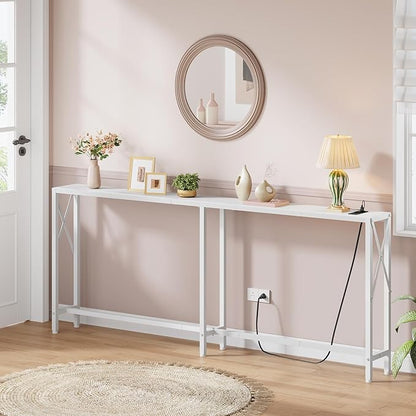 70 in Skinny Sofa Table Behind Couch, Console Table with Oulets & USB Ports for Hallway, Entryway,Living Room, Bedroom, White
