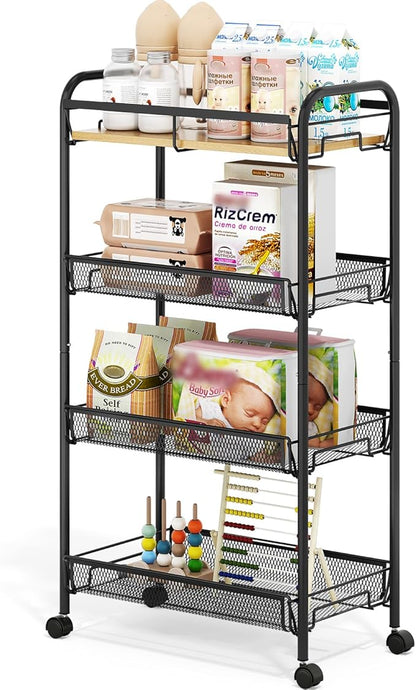 TOOLF 4-Tier Rolling Cart, Metal Utility Cart, Slide Out Storage Cart with Wooden Tabletop and Mesh Baskets, Easy Assemble Trolley for Kitchen Bathroom Laundry Room Bedroom Apartments Dormitory