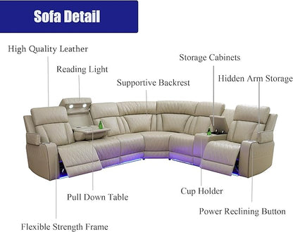 Power Reclining Sectional Sofa, L-Shaped Living Room Furniture Set, Light Brown Leather Recliner Sofa, Reclining Sectional Couch with LED/Storage Console/Cup Holder/USB/Type C for Office/Home