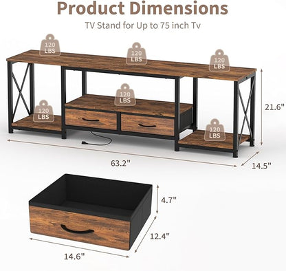 Garvee TV Stand with Fabric Drawers and Power Outlets for 75 70 65 Inch TV, TV Console Table, Entertainment Center with Open Storage Shelves for Living Room, Bedroom, Office, Rustic Brown