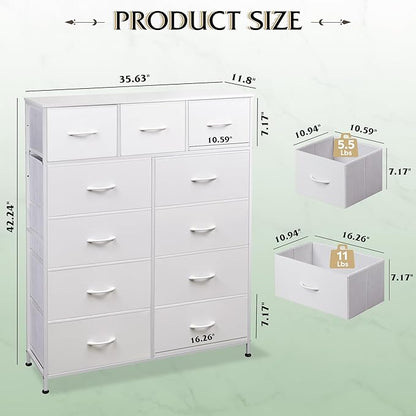WLIVE Tall Dresser for Bedroom, Fabric Dressers Storage Tower, Dresser & Chest of Drawers Organizer Unit with 11 Drawers, Storage Cabinet, Hallway, Closets, Steel Frame, Wood Top, White