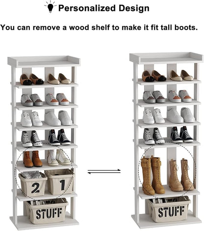 HOMEFORT 7-Tier Wood Shoe Rack, Double Rows 7-Tier Shoe Shelf, Shoe Storage Stand, Entryway Shoe Tower, Vertical Shoe Organizer Perfect for Narrow Closet, Entryway, Hallway, Bedroom in White