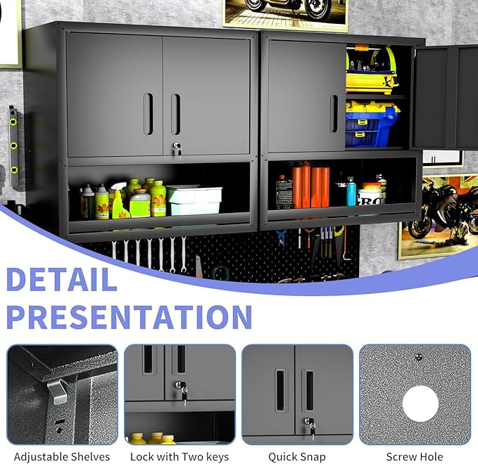 Garage Storage Cabinet System 6pcs Heavy Duty Workshop Set Wall Cabinet Lockable Rolling Tool Cabinets with Adjustable Shelves Metal Garage Storage Cabinets, Black