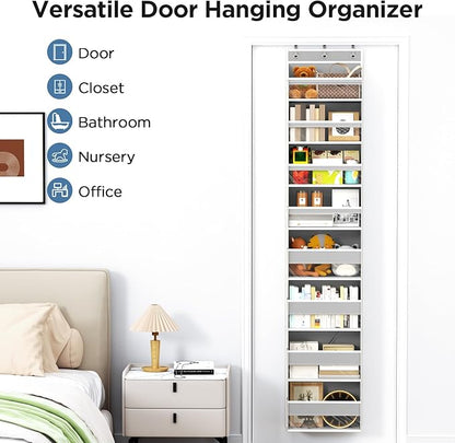 Over The Door Organizer, 8 Shelf Door Hanging Organizers with 8 Large Capacity Pockets, Back of Door Organizer Storage Hanging Shelves for Closet Bathroom Bedroom Nursery