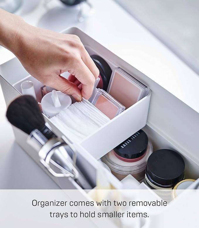 YAMAZAKI Home Tower Large Makeup Organizer Cosmetic Caddy With Handle Vanity Storage Drawer With Lid - Steel + Wood
