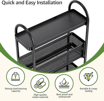 KINGRACK 4-Tier Slim Storage Cart with Pull Out Basket, Rolling Bathroom Organizer Utility, Metal Shelving Unit Slide Out, Lockable Wheels, Easy Assembly for Narrow Place, Kitchen, Laundry Room, Black