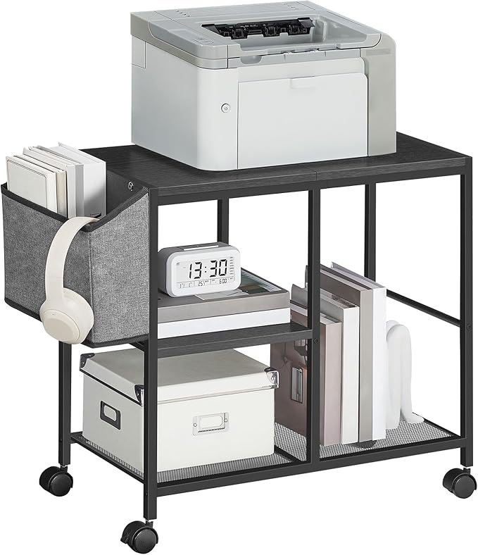 Printer Stand with Storage Bag, 3-Tier Mobile Under Desk Printer Cart with Wheels, Wooden Rolling Printer Table, Organizer Shelf for Study, Office, Living Room, Black PTHB2201