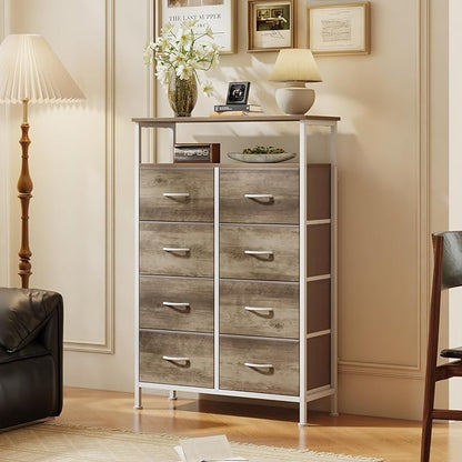 DUMOS TV Stands for Living Room with 8 Drawers, Tall 8-Drawer Chest of Drawers with Raised Shelf, Storage Tower with Fabric Bins for Organization, Hallway Storage, Oak