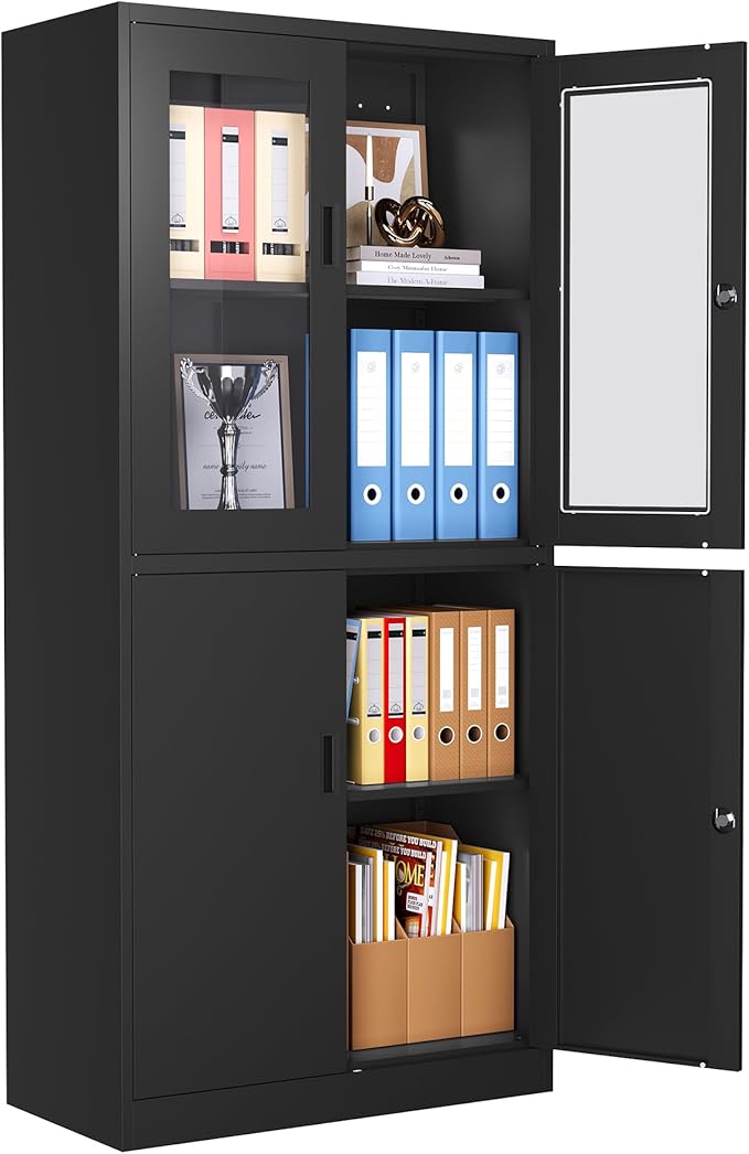 Metal Storage Cabinet with Glass Doors, Lockable Office Storage Cabinet, 71" Tall Display Case with Adjustable Shelves for Home Office,School and Hospital (Black)