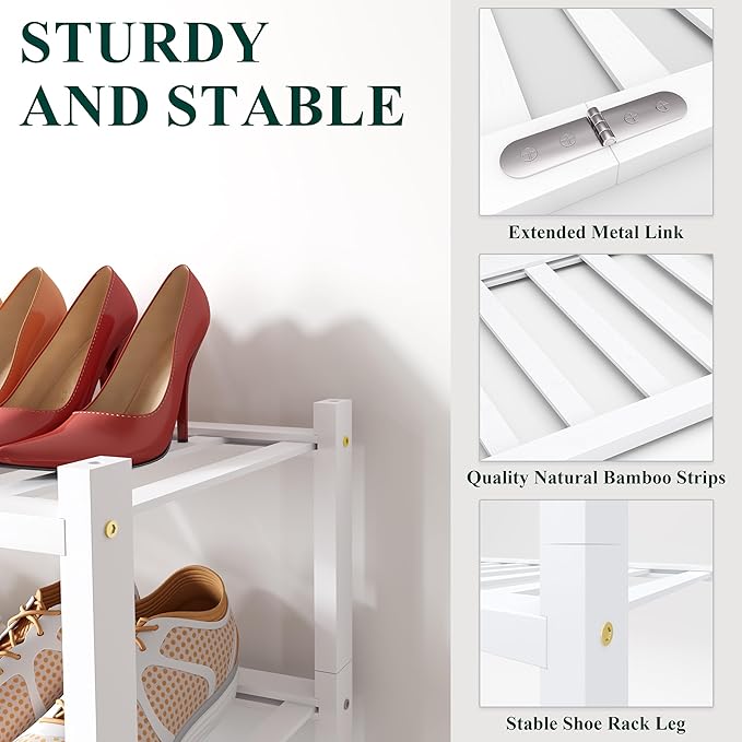 Smiry Bamboo Shoe Rack for Closet, 6 Tier Wooden Stackable Shoe Organizer, Free Standing Shoes Storage Shelf for Entryway, Front Door Entrance, White