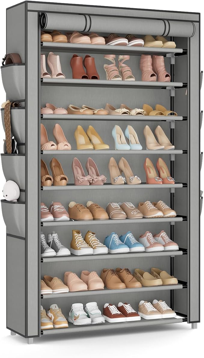 Shoe Rack with Cover, 10 Tier Shoe Organizer Storage for 40-50 Pairs Sneaker and Boots, Large Capacity, with 8 Pockets, Free Standing Tall Shoe Rack for Front Door Entrance, Closet, Grey