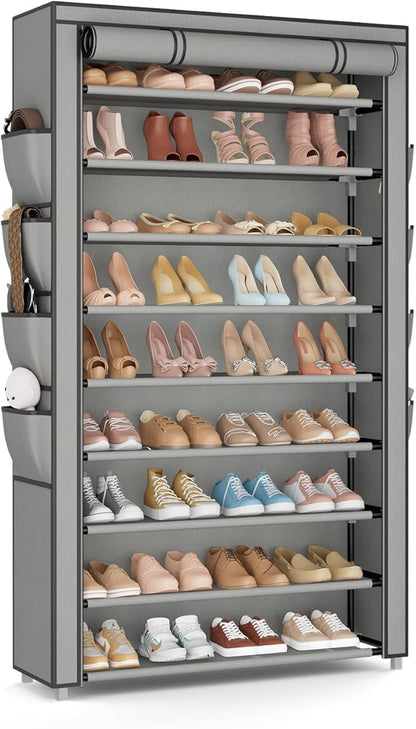 Shoe Rack with Cover, 10 Tier Shoe Organizer Storage for 40-50 Pairs Sneaker and Boots, Large Capacity, with 8 Pockets, Free Standing Tall Shoe Rack for Front Door Entrance, Closet, Grey