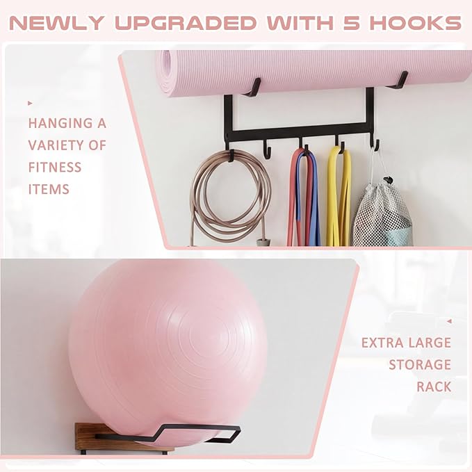 Geelin Yoga Mat and Ball Holder Wall Mount, 4 Tiers Yoga Mats and Ball Storage Rack, Home Gym Accessories Organizer, Black Metal Floating Shelf & 5 Hooks for Hanging Foam Rollers and Resistance Bands