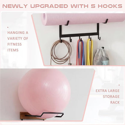 Geelin Yoga Mat and Ball Holder Wall Mount, 4 Tiers Yoga Mats and Ball Storage Rack, Home Gym Accessories Organizer, Black Metal Floating Shelf & 5 Hooks for Hanging Foam Rollers and Resistance Bands
