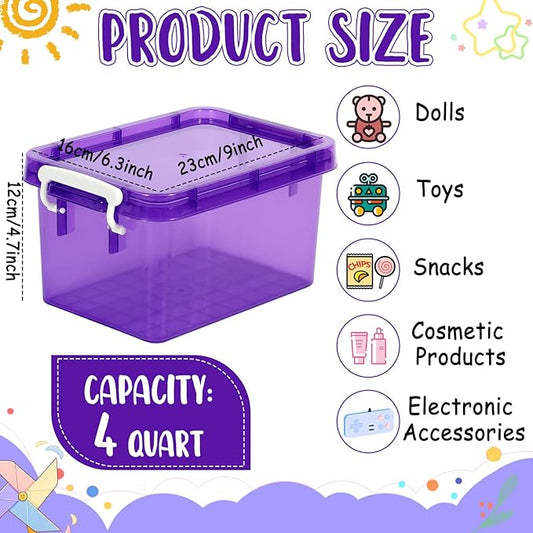 6 Pack 4 Quart Colorful Plastic Storage Bins with Lids Stackable Storage Bins with Latching Lids Handle Clear Colored Storage Organizer Bins for Home Office Pantry Containers(Purple)