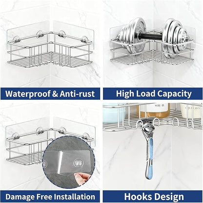 Menbyci 2 Pack Corner Shower Caddy, Adhesive Bathroom Shelf with 8 Hooks, Rustproof Stainless Steel Bathroom Organizer, No Drilling Shower Shelves Basket Wall Storage Rack Shampoo Holder (Silver)