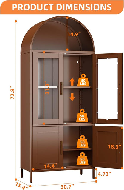 Metal Arched Bookcase Cabinet with 4 Doors,Arched Kitchen Pantry Cabinet for Home Office Living Room,Required Assembly,Brown