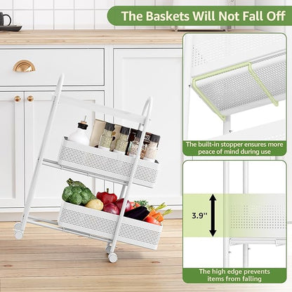 KINGRACK 3-Tier Slim Storage Cart with Pull Out Basket, Rolling Bathroom Organizer Utility, Metal Shelving Unit Slide Out, Lockable Wheels, Easy Assembly for Narrow Place, Kitchen, Laundry Room, White