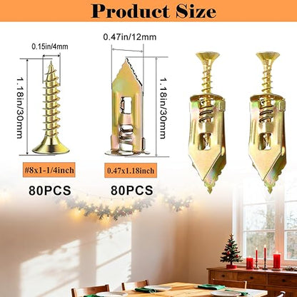 160Pcs Self Drilling Drywall Anchors with Screws Kit,80 Sheetrock Anchors & 80 Zinc Expansion Screws,No Drill Needed Wall Anchors with Screws,Hold Up to 66lbs for Picture Frame,Shelves