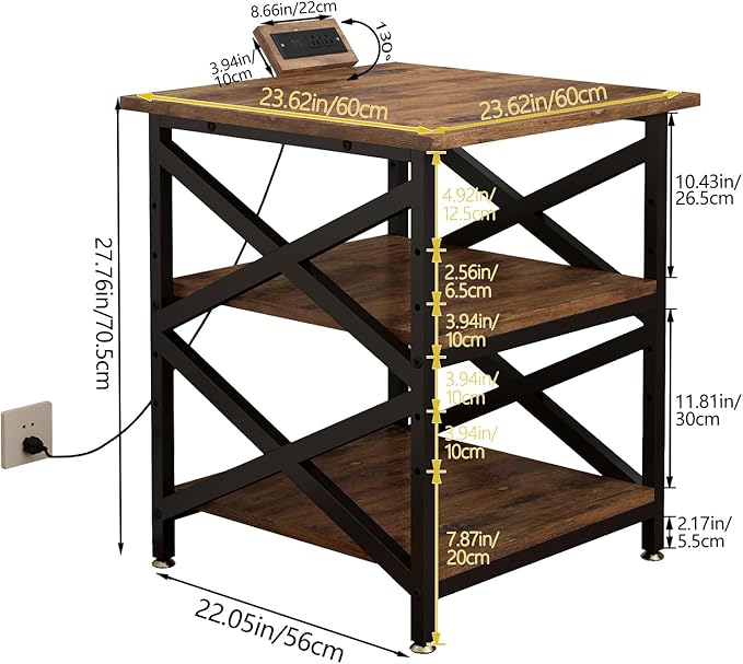 Large Printer Stand with Power Outlet, with Height Adjustable Storage Shelf, 3 Tier Rolling Printer Cart with Industrial Wheels, 23.6 x 23.6 Inches Printer Table for Home Office, Rustic Brown