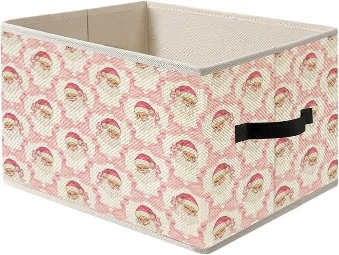 Pink Coquette Bow Santa Christmas Storage Bin Box with Handles, Preppy Grandmillennial Holiday Christmas Foldable Organizer Basket Toybox for Girls Room Bedroom Bathroom Clothes Toys Books