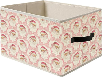 Pink Coquette Bow Santa Christmas Storage Bin Box with Handles, Preppy Grandmillennial Holiday Christmas Foldable Organizer Basket Toybox for Girls Room Bedroom Bathroom Clothes Toys Books