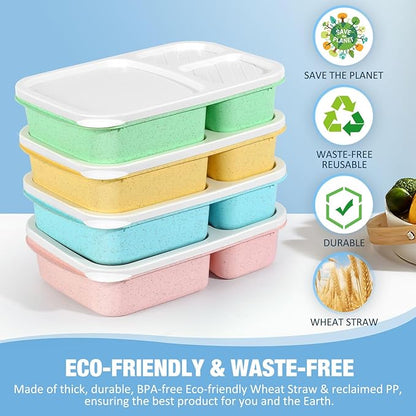 Caperci Bento Lunch Box Containers for Adults & Kids - 3-Compartment Reusable Meal Prep Containers with 2 Sauce Containers for School, Work, Travel, Wheat Straw, 4-Pack (Vintage Colors)