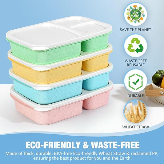 Caperci Bento Lunch Box Containers for Adults & Kids - 3-Compartment Reusable Meal Prep Containers with 2 Sauce Containers for School, Work, Travel, Wheat Straw, 4-Pack (Vintage Colors)