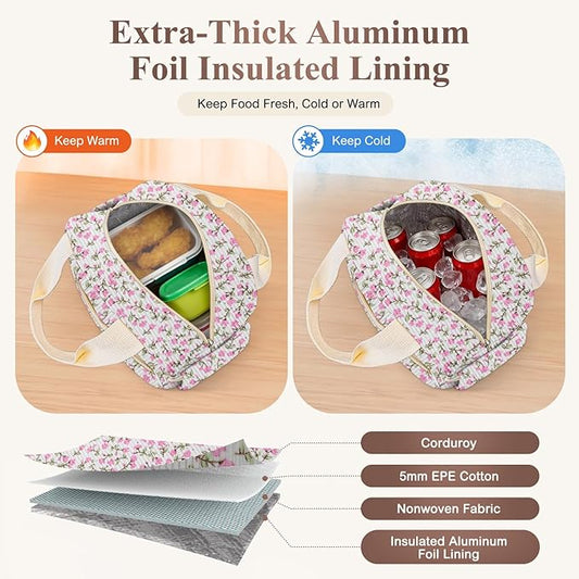 Lunch Box for Women, Cute Flower Corduroy Insulated Lunch Bag Women Reusable Work Leakproof Simple Adults Large Lunch Boxes Tote Bag Men Cooler Bag