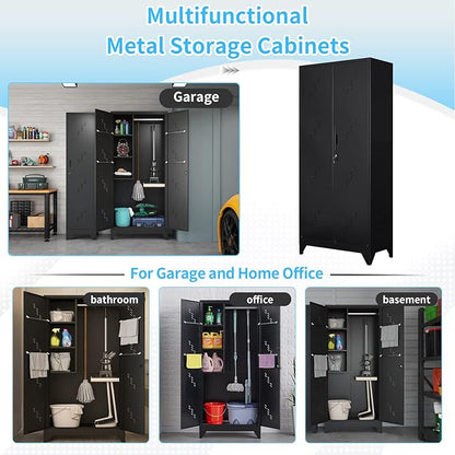 75" Metal Storage Cabinet, Tool Cabinets with Hooks, Garage Storage Cabinet with Lock, Heavy-Duty Tool Cabinet for Utility Room, Gym, Basement, Broom Closet Cabinet, Black