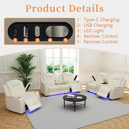 Power Reclining Couch Set for Living Room, Living Room Furniture Sets Include 1 Recliner Chair, 3 Seat Sofa, Soft Leather Creamy White Recliner Sofa Furniture Set for Home and Office