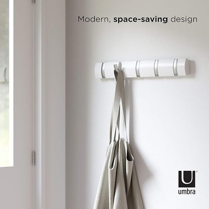 Umbra Flip Wall-Mounted Coat Rack with 5 Hooks – Modern, Space-Saving Storage for Hats, Jackets, Bags, Entryway, Mudroom, Closet, Bathroom, Bedroom – White/Nickel