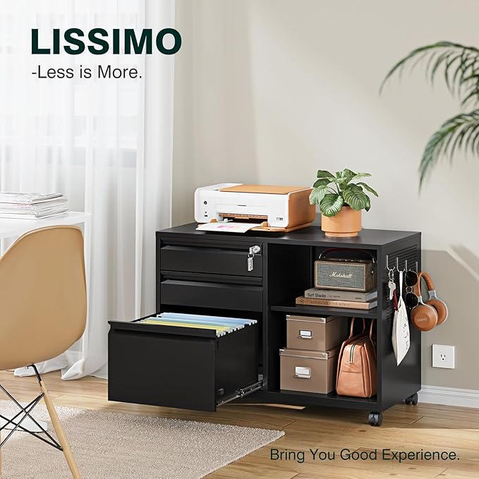 3 Drawer File Cabinet with Lock,Mobile Lateral Filing Cabinet with Side Hook for Letters/Legal/A4, Metal Printer Stand Storage Cabinets with Shelves for Home Office(Black)