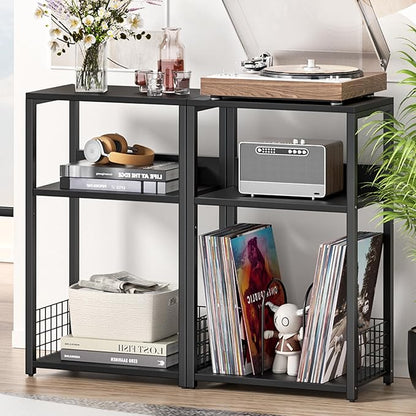 LELELINKY Large Black Record Player Stand, 3 Tier 18" Wide Big End Table with Vinyl Storage Up to 130 Albums, Industrial Turntable Printer Tables, Modern Side Tables for Living Room, Bedroom, Office