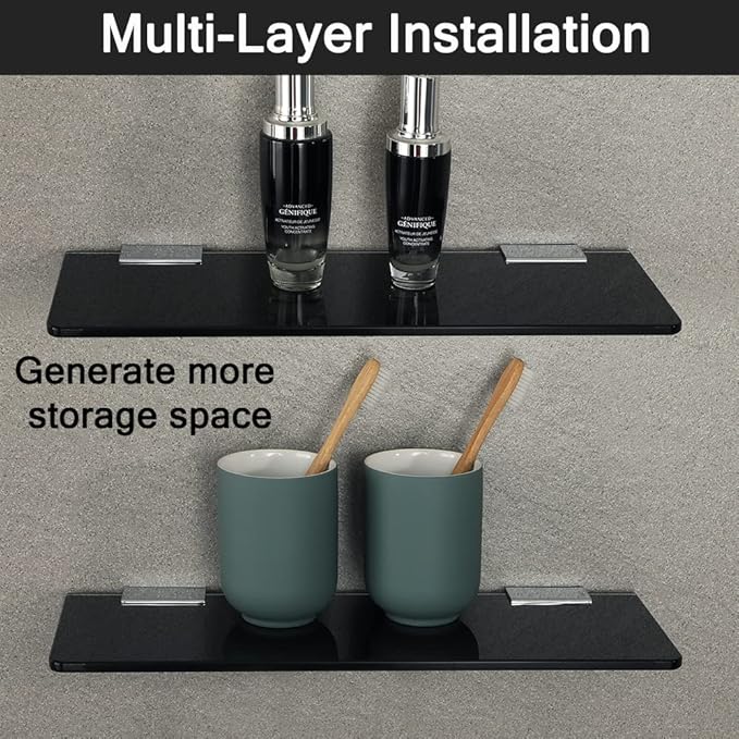 SAYAYO Floating Glass Shelves for Bathroom, Tempered Glass Shelf for Wall 15 x 5 Inch 1 Pcs, Black
