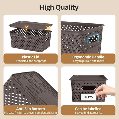 Plastic Storage Bins with Lid, Stackable Small Box Basket for Organizing and Containers for Shelves Drawers Desktop Closet Playroom Pantry Classroom Office Home, 6-pack 10.2x7.2x4.1 Inch, Brown
