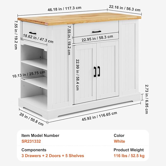 VEVOR 46" Wood Top Breakfast Bar with Storage Cabinet, Farmhouse Kitchen Table with Adjustable Shelf, Drawer, for Dining Kitchen Living Room, White