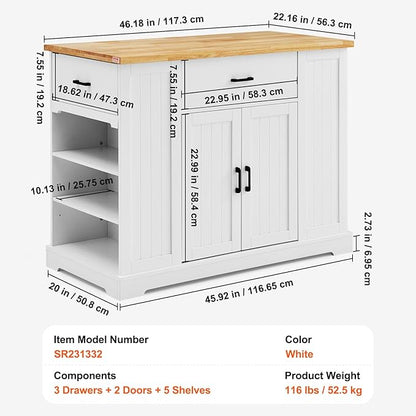 VEVOR 46" Wood Top Breakfast Bar with Storage Cabinet, Farmhouse Kitchen Table with Adjustable Shelf, Drawer, for Dining Kitchen Living Room, White