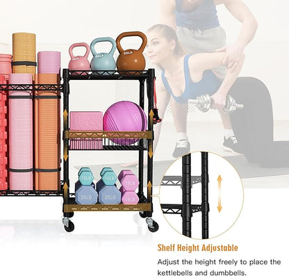 FUTASSI Home Gym Storage, 3 Tiers Workout Equipment Organizer with Wheels for Yoga Mats, Foam Roller, Dumbbells, Kettlebells, and Resistance Bands