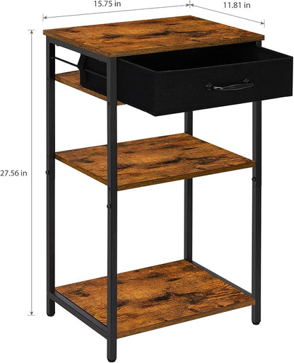 BTY Printer Stand with Storage 3 Tier Home Printer Table with Drawers Multifunctional Under Desk Printer Shelf Holder Industrial End Table Nightstand for Fax Machine Scanner Files Brown